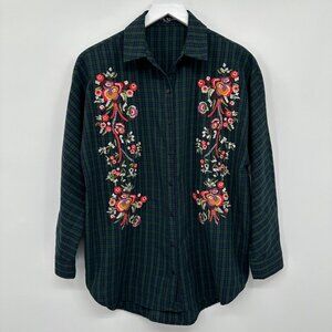 Few Moda Top Shirt Blouse Size Small Embroidered Blue‎ Plaid Floral Long Sleeve
